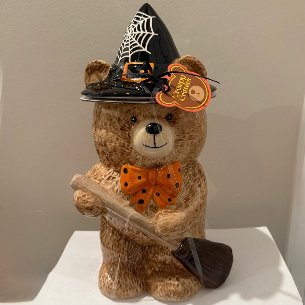 Creepy Critters Halloween Bear Cookie Jar with Witch Hat and Broom 65 fl oz